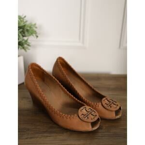 Vintage Tory Burch Wedge Heels Tan Leather Logo Medallion Stacked Heel Size 8
